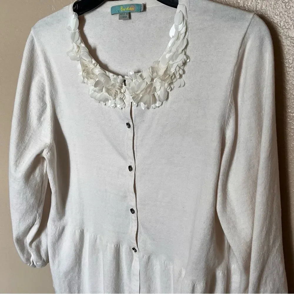 Boden Cotton-Silk Blend Smocked Button Cardigan with 3D Floral Collar Size 14